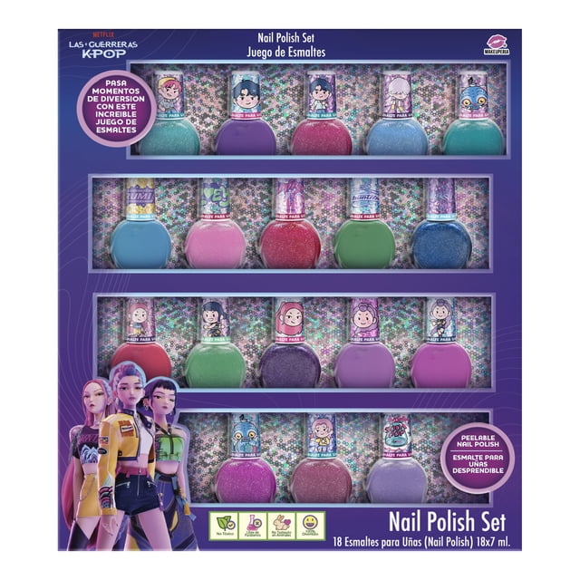 MAKEUPERIA Set Esmaltes de Uñas para Niñas Las Guerreras Kpop, 18 Colores Desprendibles a Base de Agua con Personajes de la Serie, No Tóxico, Libre de Parabenos, No Testeado en Animales