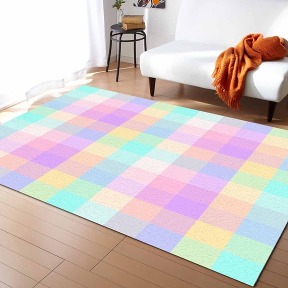 Area Rugs Indoor Non-Slip Rectangle Rug 5x8 Ft Colorful Plaid Simple Pink Plaid Pastoral Geometric Rug Rubber Backing Floor Mats Non Shedding Home Decor Carpet for Entryway Living Room