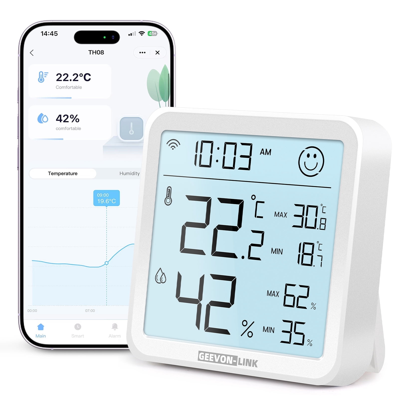 Geevon Indoor WiFi Hygrometer Thermometer, Bluetooth WiFi Humidity Temperature Gauge with Large LCD Display, with Max Min Records, Historical Data Storage and Export for Room Greenhouse(1 Pack )