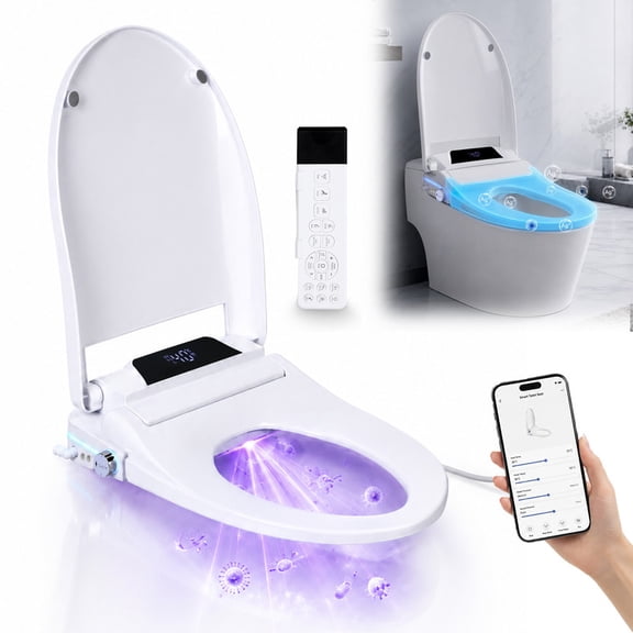 Electric Bidet Toilet Seat - Heated Elongated Toilet Seat with Remote Control & Side Knob Control, Night Light, Instant Warm Water, Air Dryer, Self-Cleaning Nozzle, Slow Close Lid