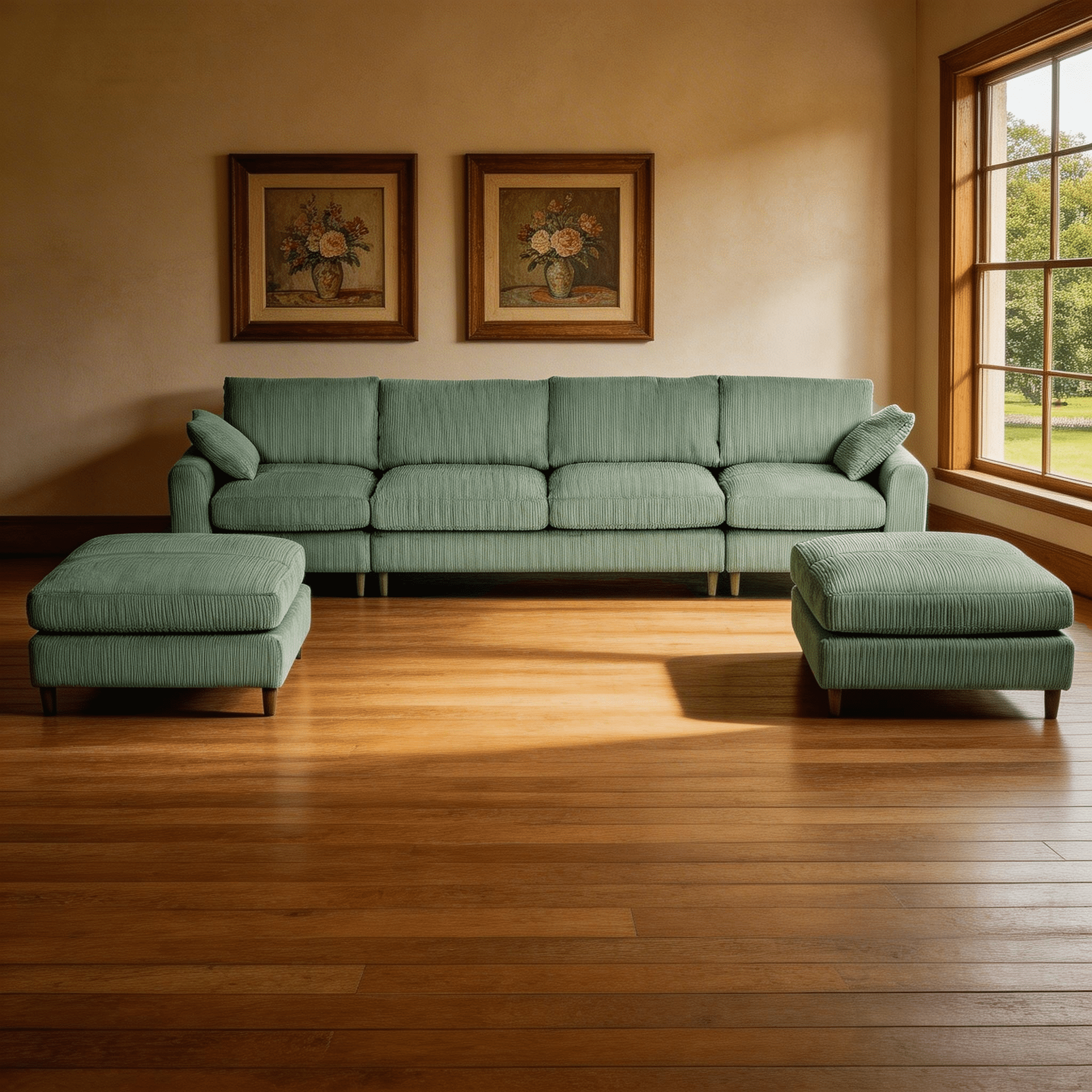 BSHTI Modern 6-Seat Corduroy Modular Sectional, U-Shape Convertible Couch with Ottoman, with Adjustable Head Pillows and Storage Pockets, Olive Green