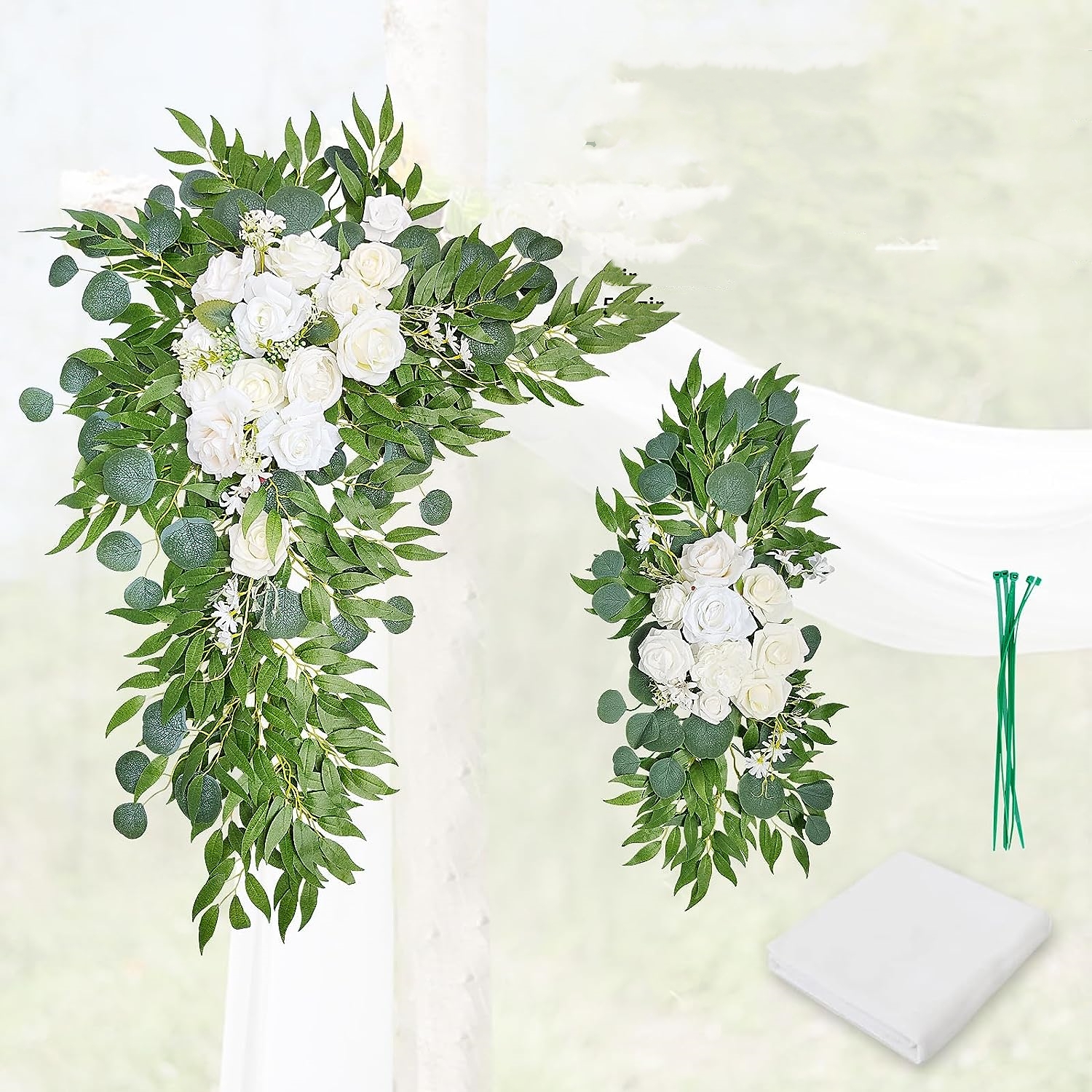 Trianu Hanging Wedding Arch Flowers Kit Includes 2 Pcs Artificial Flower Arrangement 2 Pcs Drapes for Ceremony Arbor Backdrop Floral Decor, White