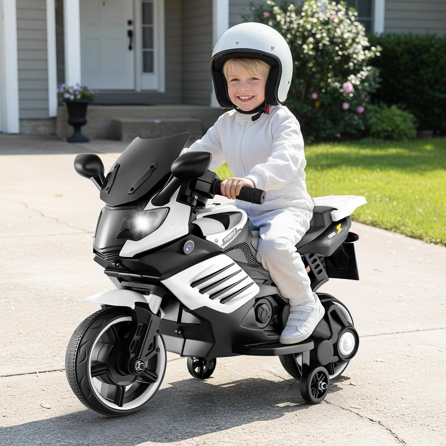 OLAKIDS 6V Kids Motorcycle with Training Wheels, Horn, Music, Headlight for Boys Girls Aged 3+ Years