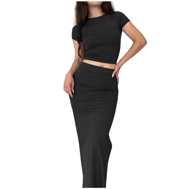 Fgnfyis Ensemble Jupe Longue 2 Pcs pour Femmes, Col Rond, Manches Courtes, Mode, Noir S
