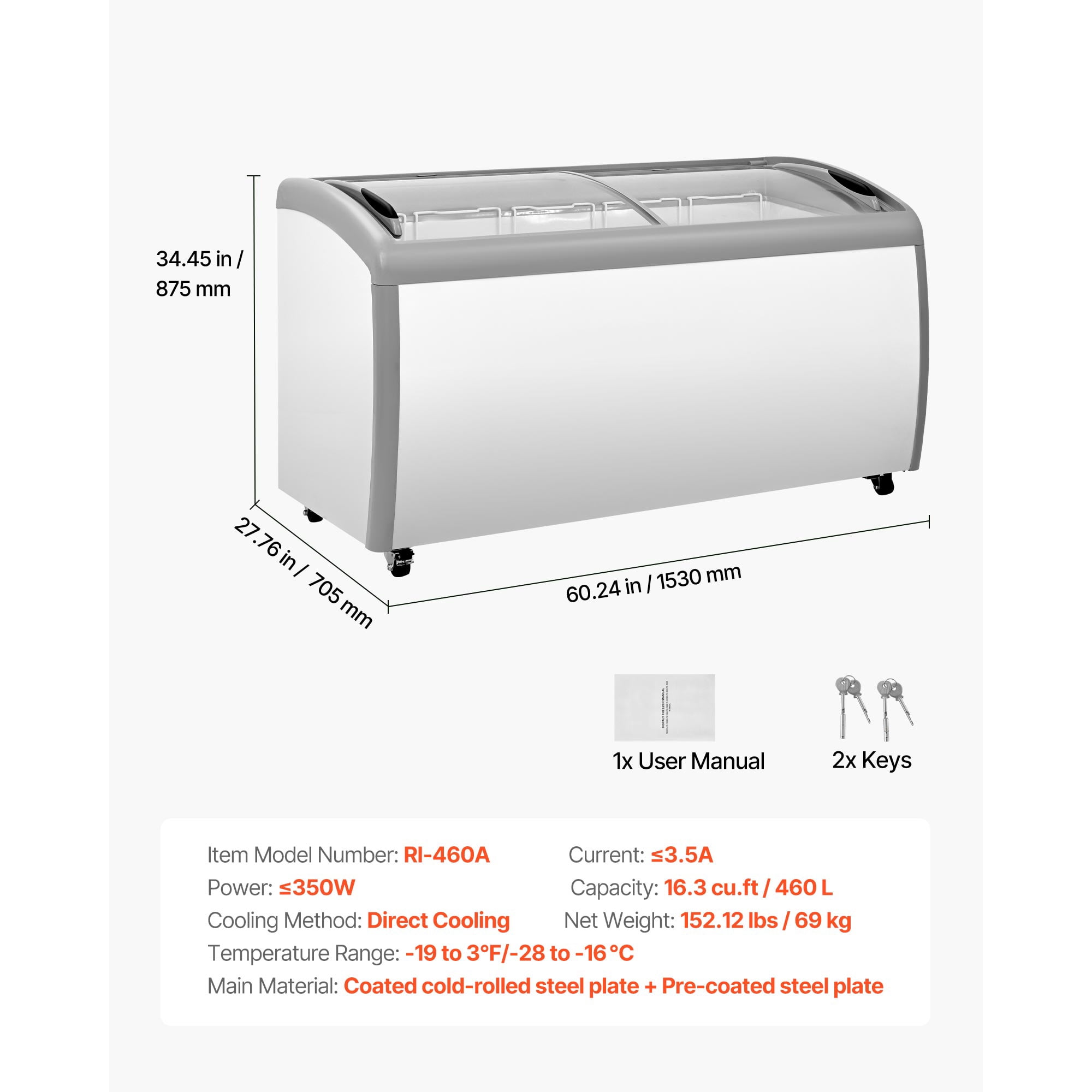 KFFKFF Commercial Ice Cream Display Case, 16.3 Cu.ft Chest Freezer, Adjustable Temperature -19 to 3℉, Mobile Deep Freezer with 5 Wire Baskets, Sliding Glass Doors, Locking Casters & LED Lighting