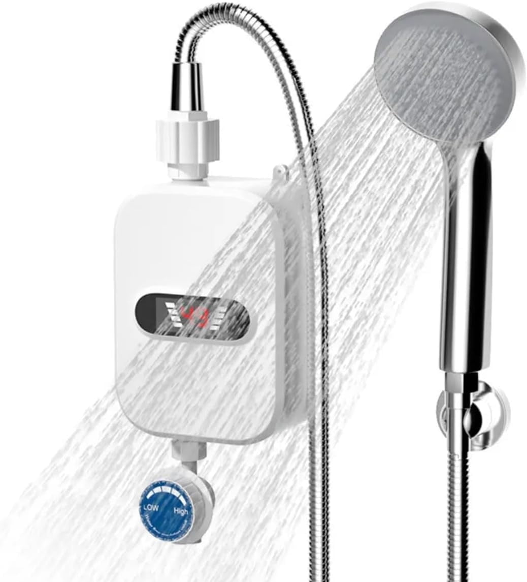 DERCLIVE Electric Tankless Water Heater Shower Head Set, 3000W Instant Hot Water Heater LCD Display for Home, Easy to Install White