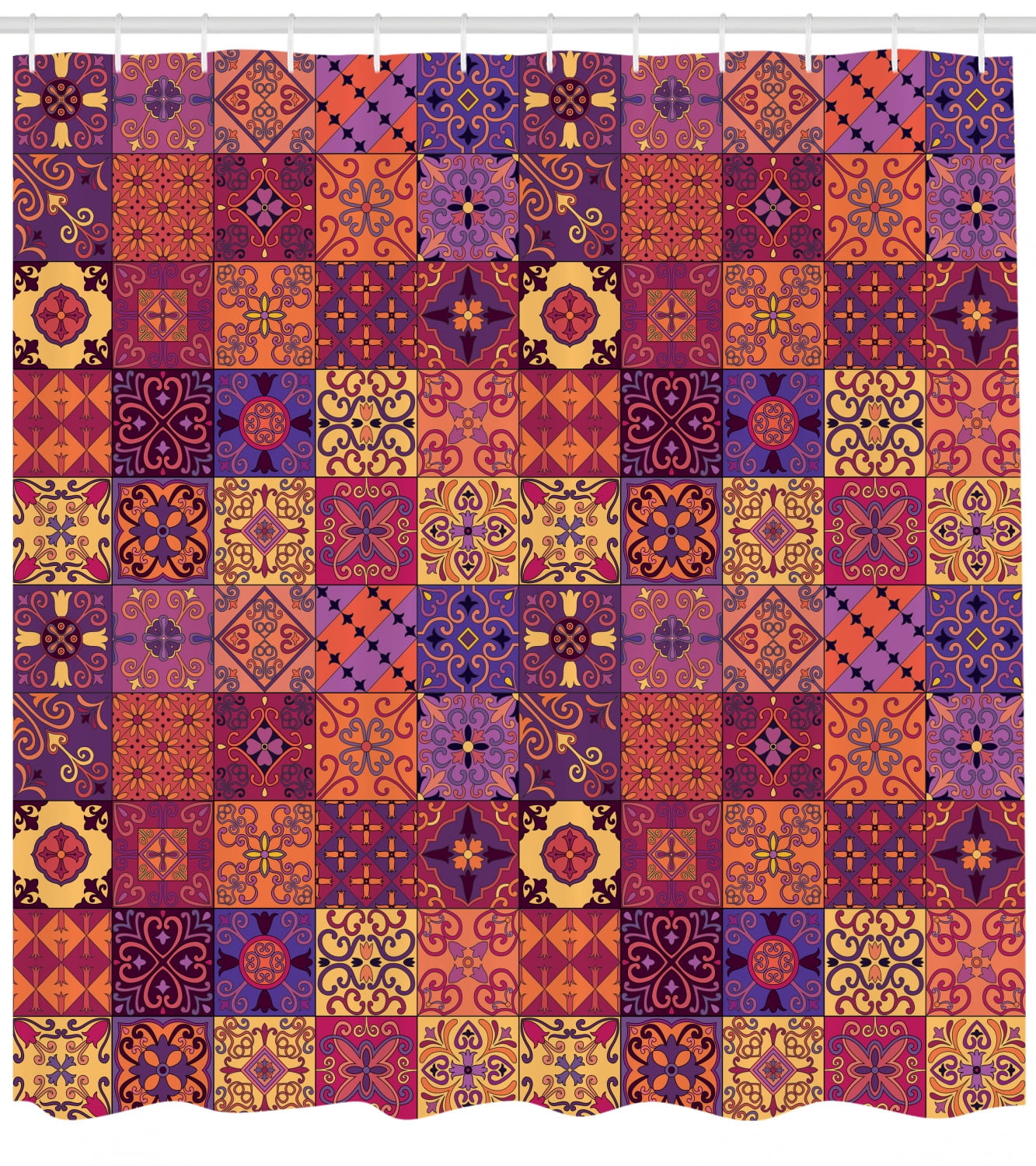 Spanish Shower Curtain, Ethnic Azulejo Moroccan Tiles in Vibrant