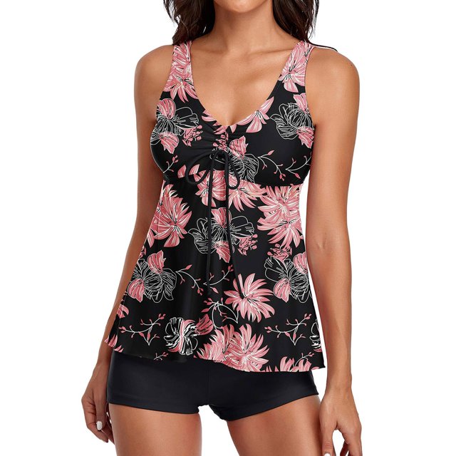 Tankini Swimsuits for Women Two Piece Floral Print Tank Top With Boyshorts Tummy Control Swimming Bathing Suits