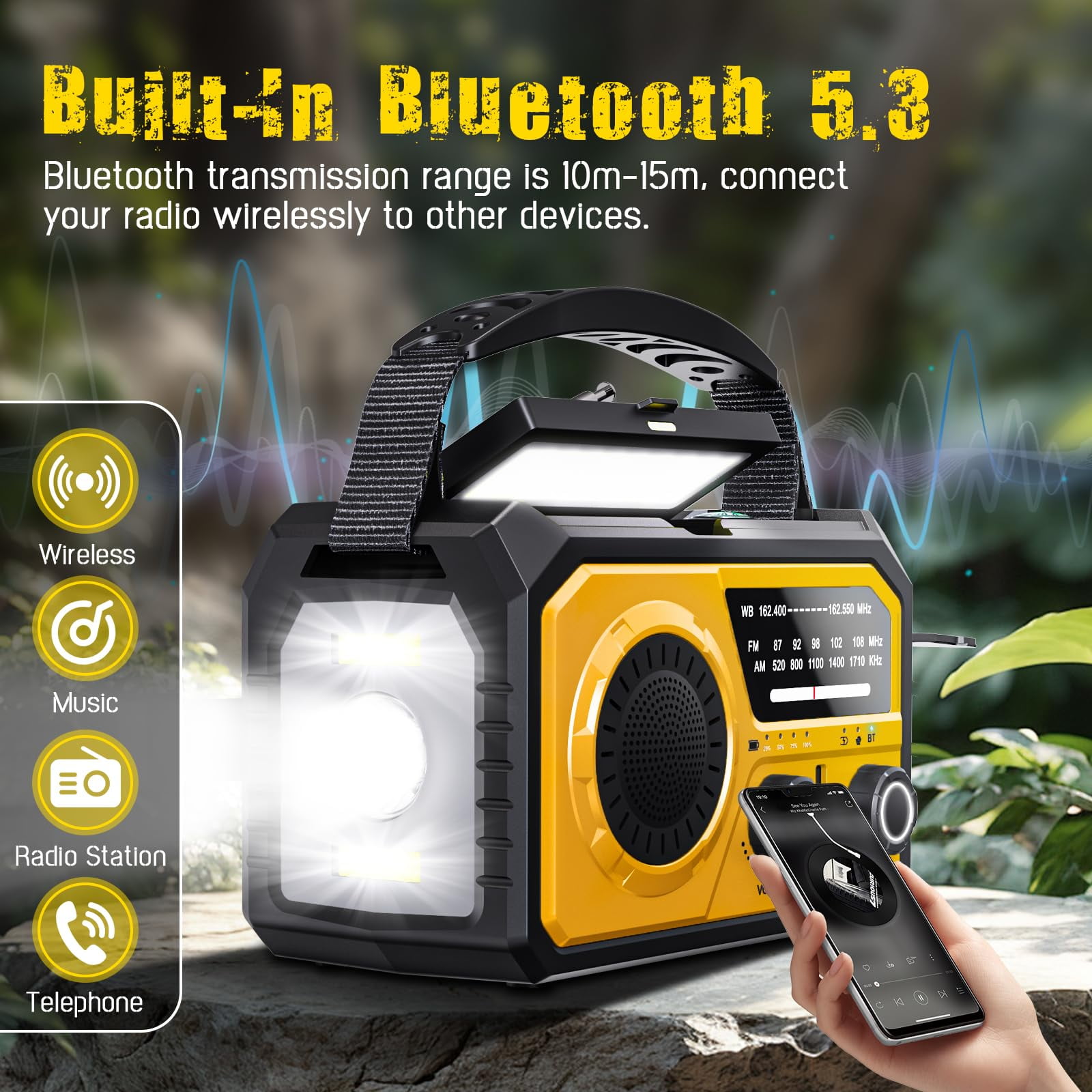 16000mAh/59200mWh Emergency Radio with Bluetooth 5.3-Hand Crank Weather Radio with Battery Powered and Fast Charging, NOAA/AM/FM Portable Solar Radio with SOS Alert Flashlight, Outdoor Survival Gear