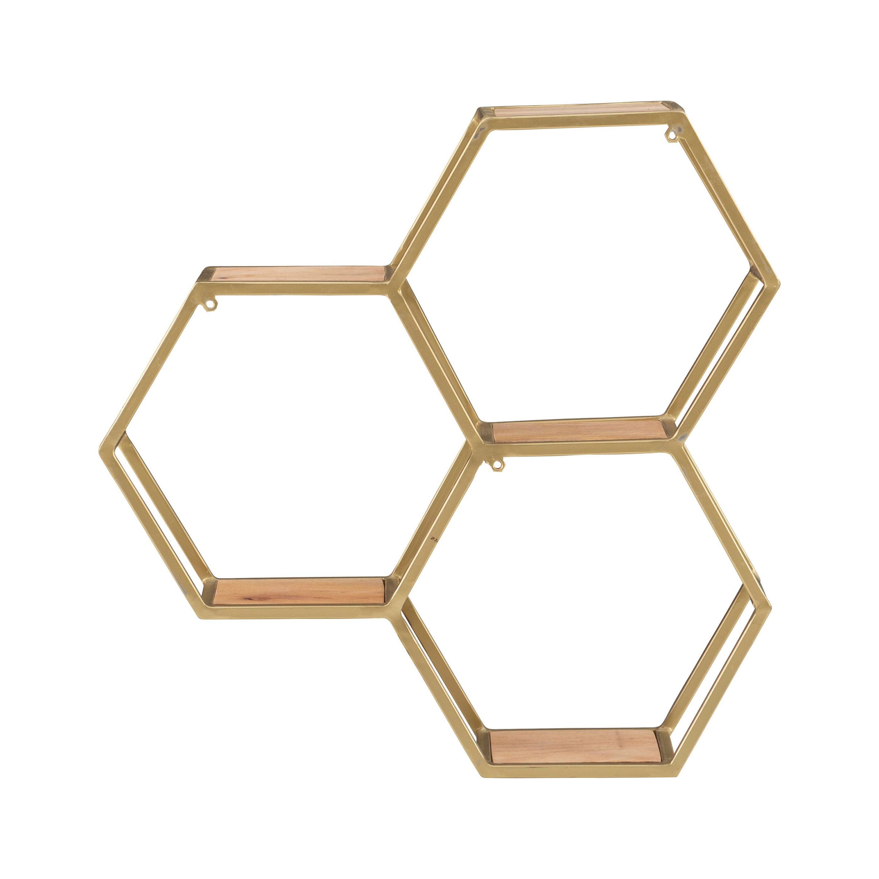 Powell Wilson 3-Compartment Honeycomb Wall Shelves, Gold Metal with Natural Mango Wood
