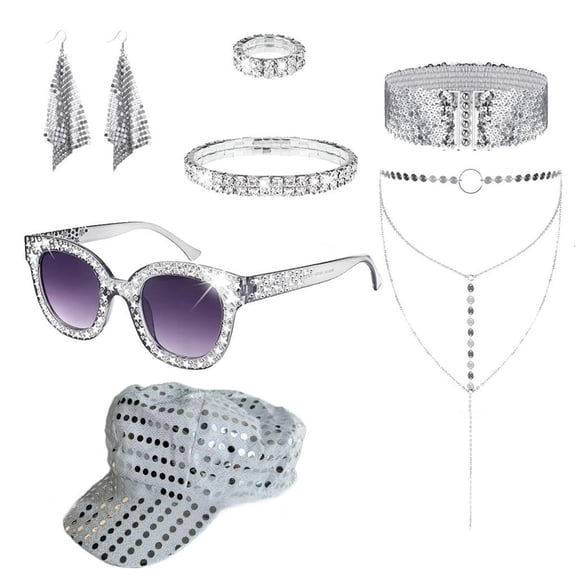 SDFGTstore Disco Accessories Sunglasses Sequins Caps Earrings Neacklace Bracelets Rings Set