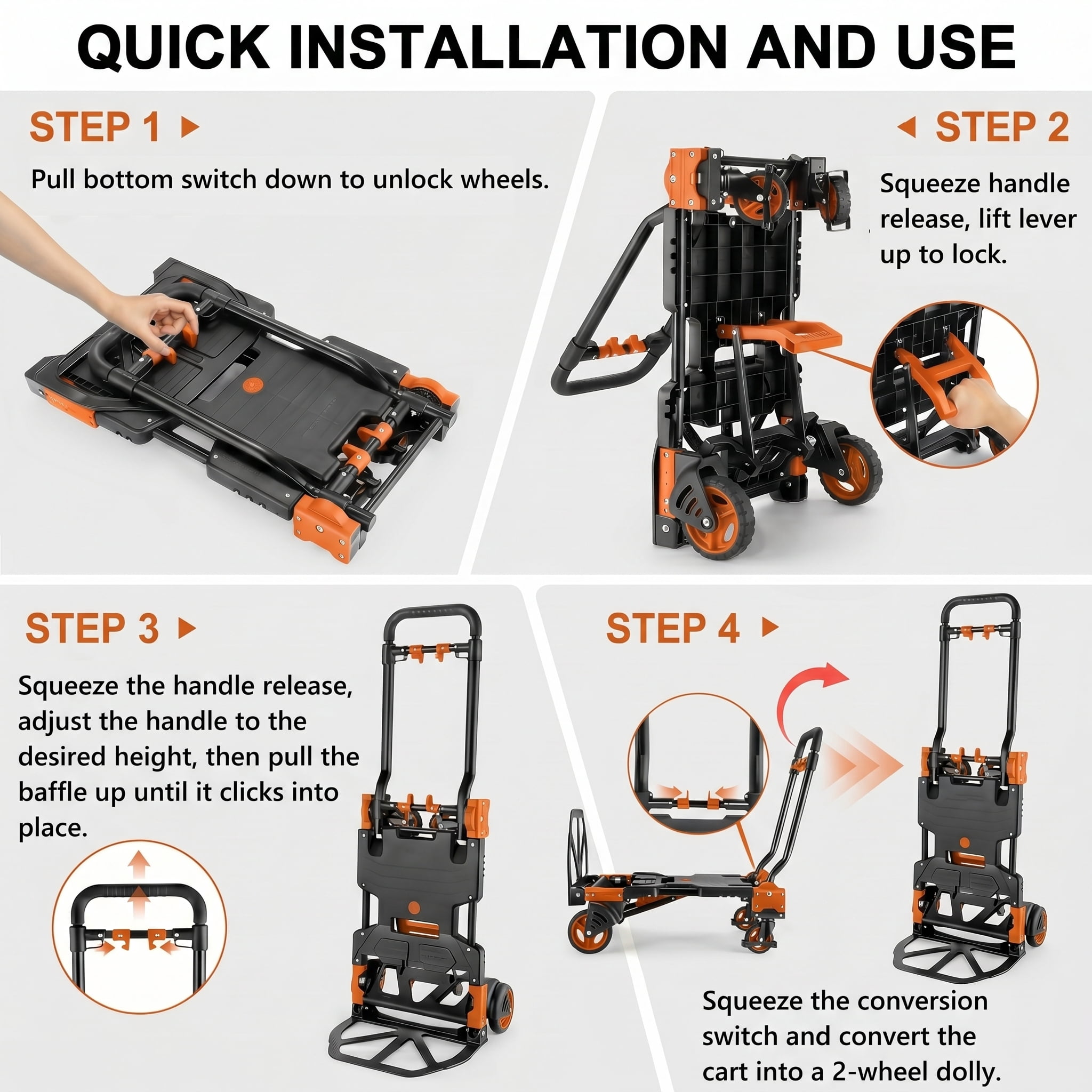 Adnoom 2-in-1 Folding Hand Truck Heavy Duty, 300 lbs Capacity Utility Cart with 4 Wheels, Retractable Handle Convertible Platform Dolly for Moving Boxes Furniture Luggage, Orange