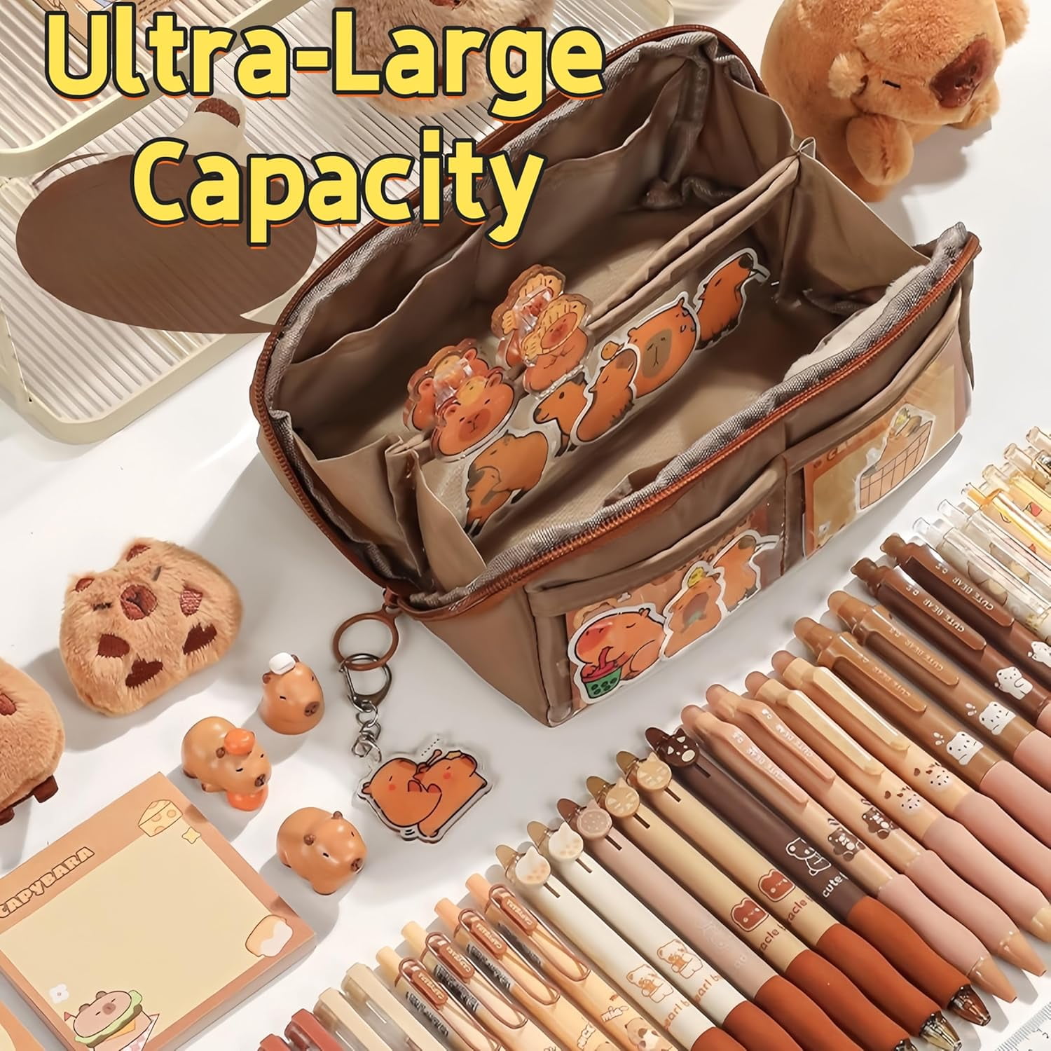 Adorable Capybara Pencil Case with 16PCS Cute Accessories, Kawaii Pen Pouch: Includes Pens, Capybara Plush Brooch, Keychain, Clips, Note, and Stickers
