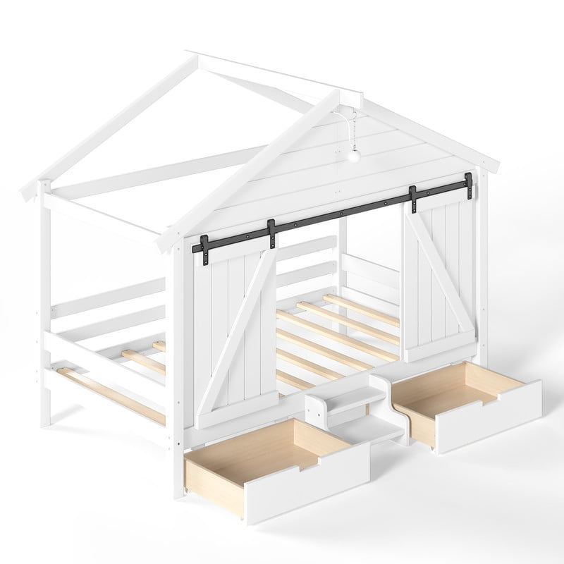 Twin Size Farmhouse House Bed with Sliding Barn Doors & Light Bulb, Wood Kid's Platform Bed Frame with Stair & Drawers