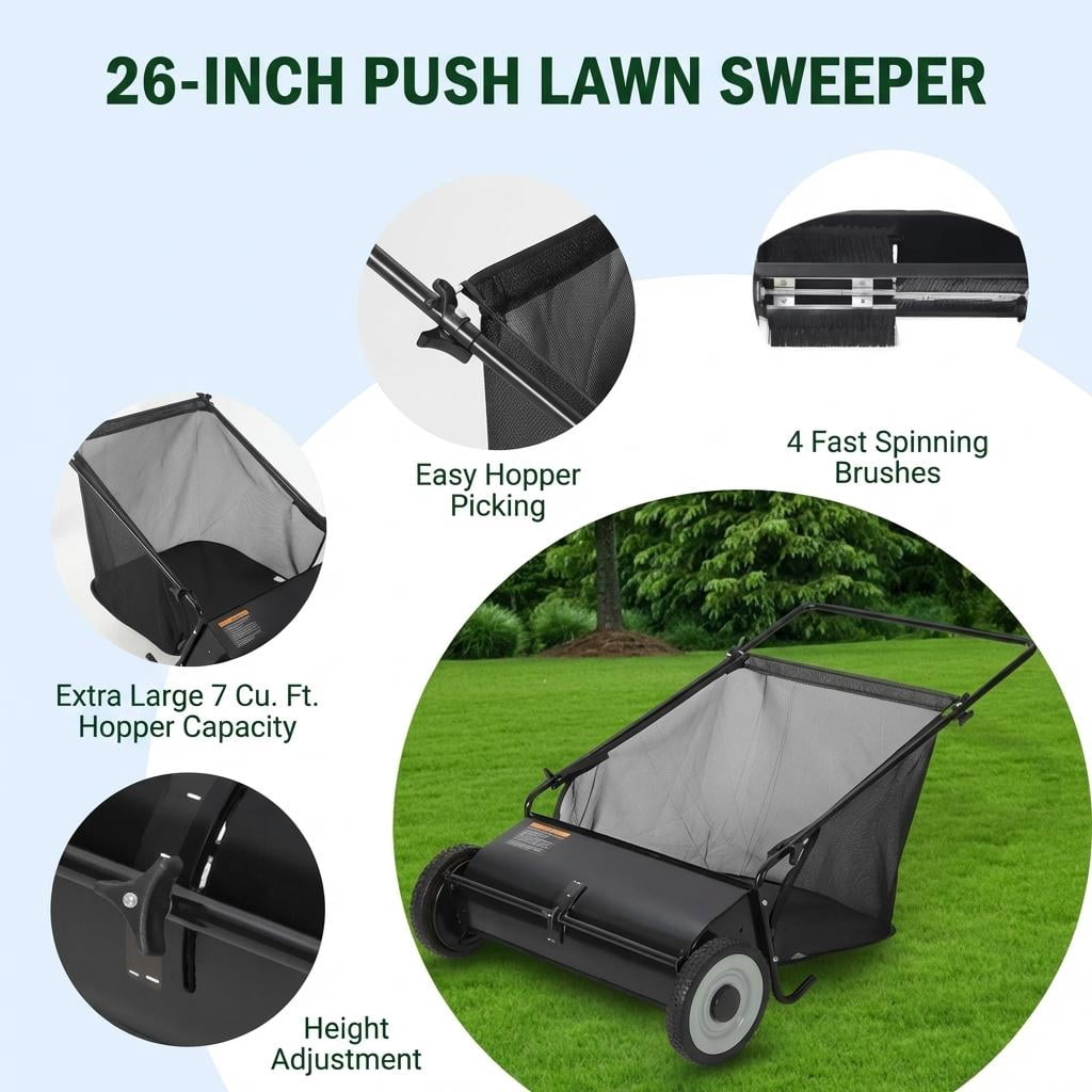 AIKKYS 26 Inch Heavy Duty Push Lawn Sweeper with 4 Spinning Brushes,Steel Frame 7 Cu. Ft. Leaf & Grass Collector,Adjustable Height,Black