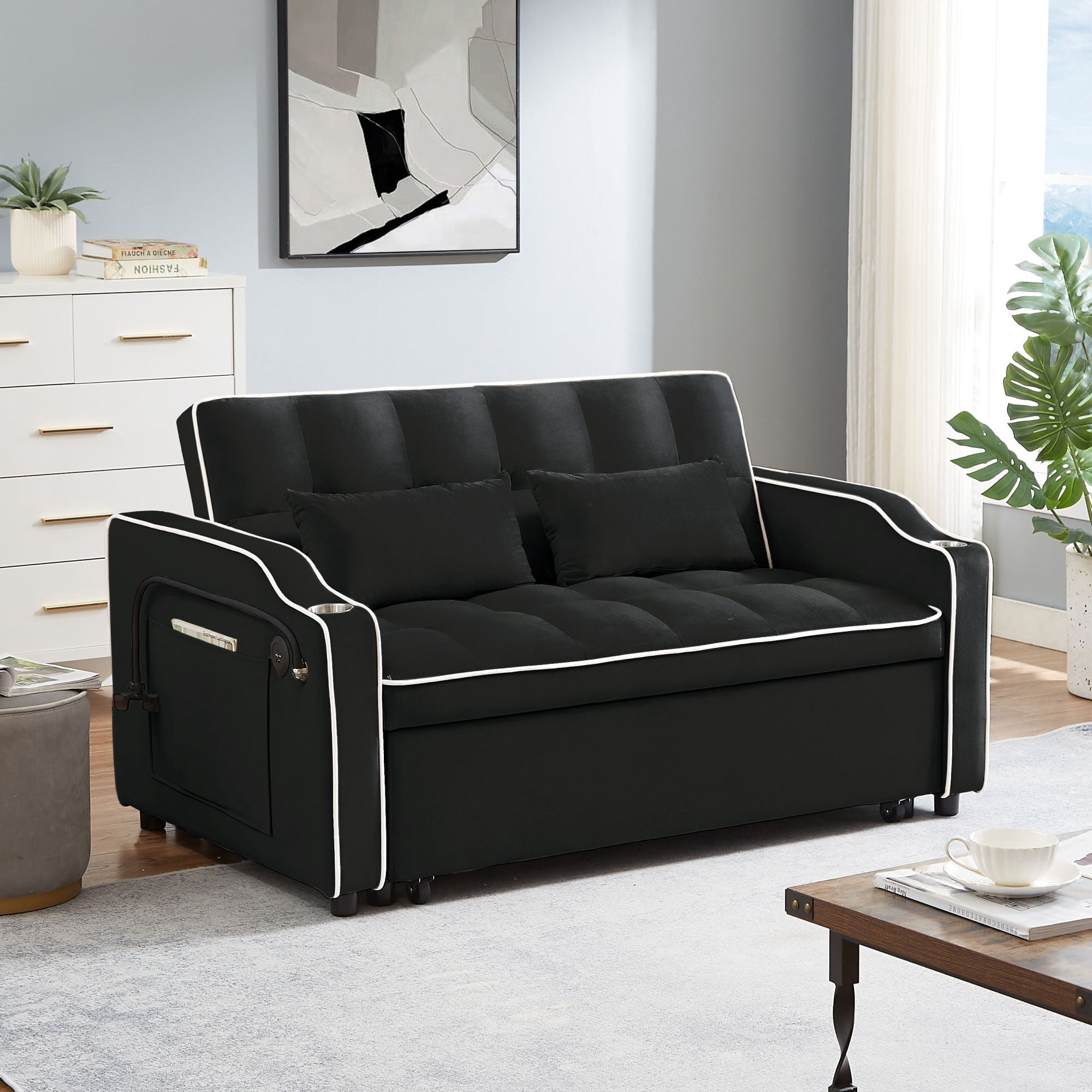 DEALTOPS Pull Out Sofa Bed, Velvet Loveseat Sleeper with Cup Holders, USB Ports and A Phone Stand, Black