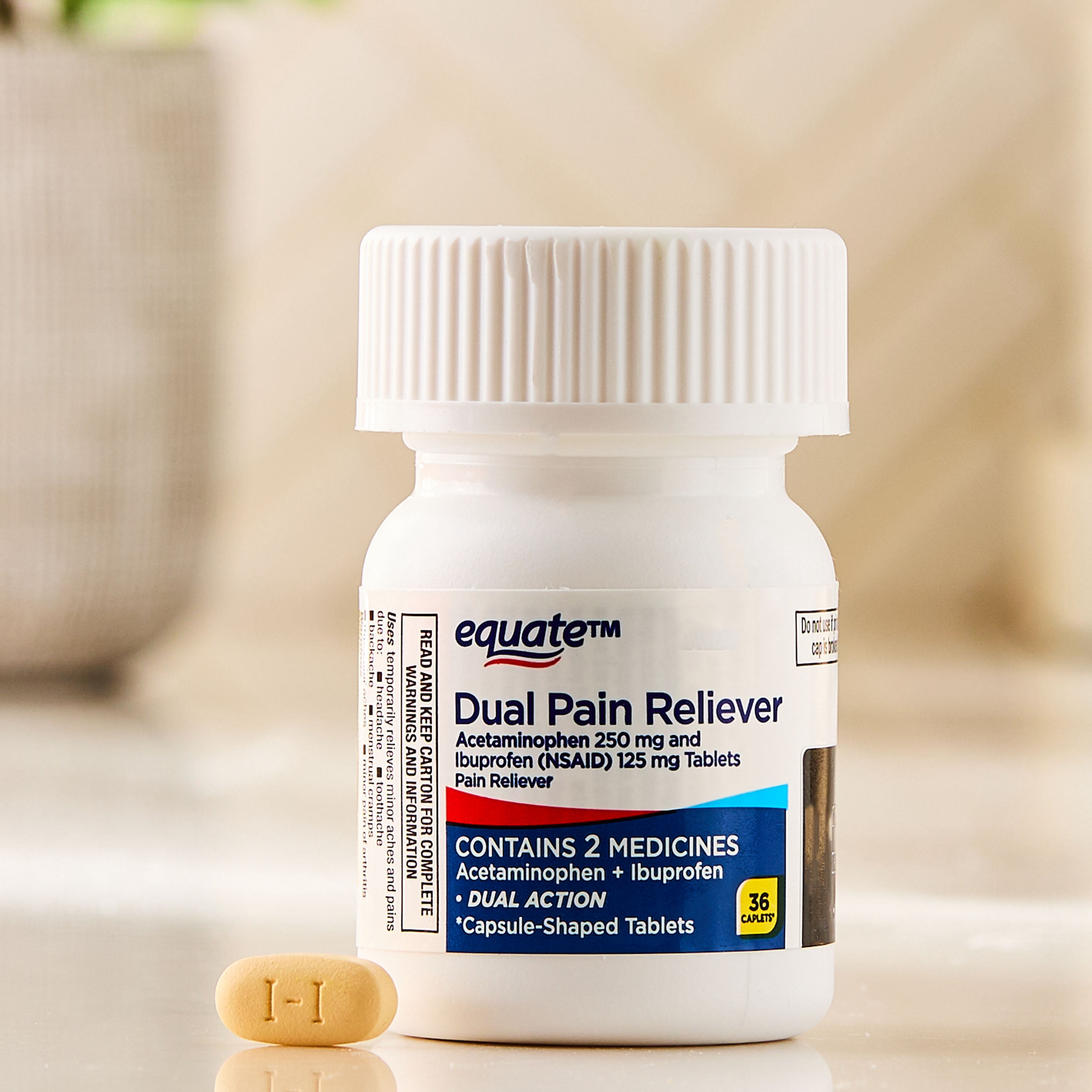 Equate Gluten-Free (Nsaid) Acetaminophen Pain Relief Tablets for Body Aches & Pains with Pain Reliever Caplets, 125 mg, Compare to Advil® 36 Count