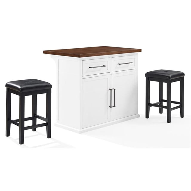 Pemberly Row 3-Piece Wood Kitchen Island w/ Square Stools in White