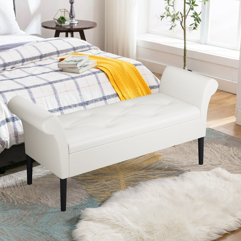 Andeworld Storage Ottoman Bench with Arms Upholstered Tufted Bench for Bedroom Entryway Hallway Living Room White