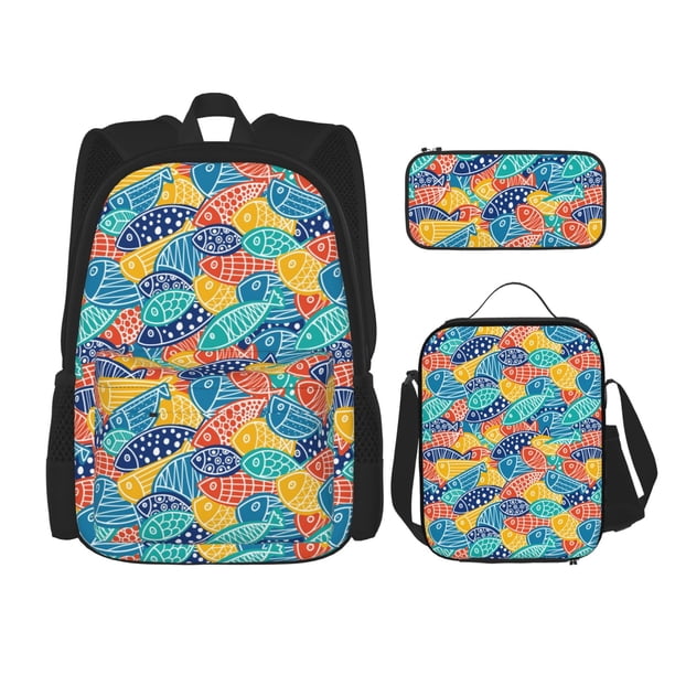 Easygdp Colorful Fish 1 Mochila para Niños y Niñas con Set de Caja de Almuerzo y Estuche para Lápices 3 en 1, Mochila Escolar Estampada para Adolescentes