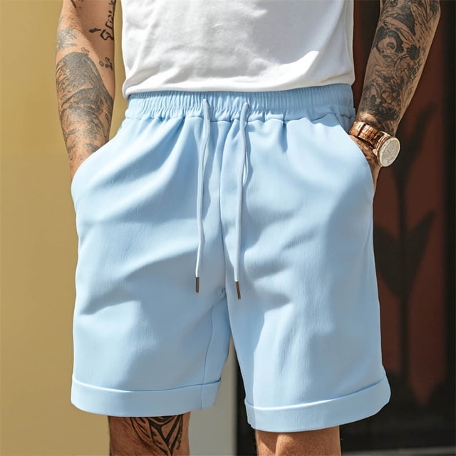 Ceisia Men's Cotton-Linen Blend Casual Shorts Loose Straight-Leg Breathable Summer Shorts with Drawstring Waist Sky Blue M Gifts