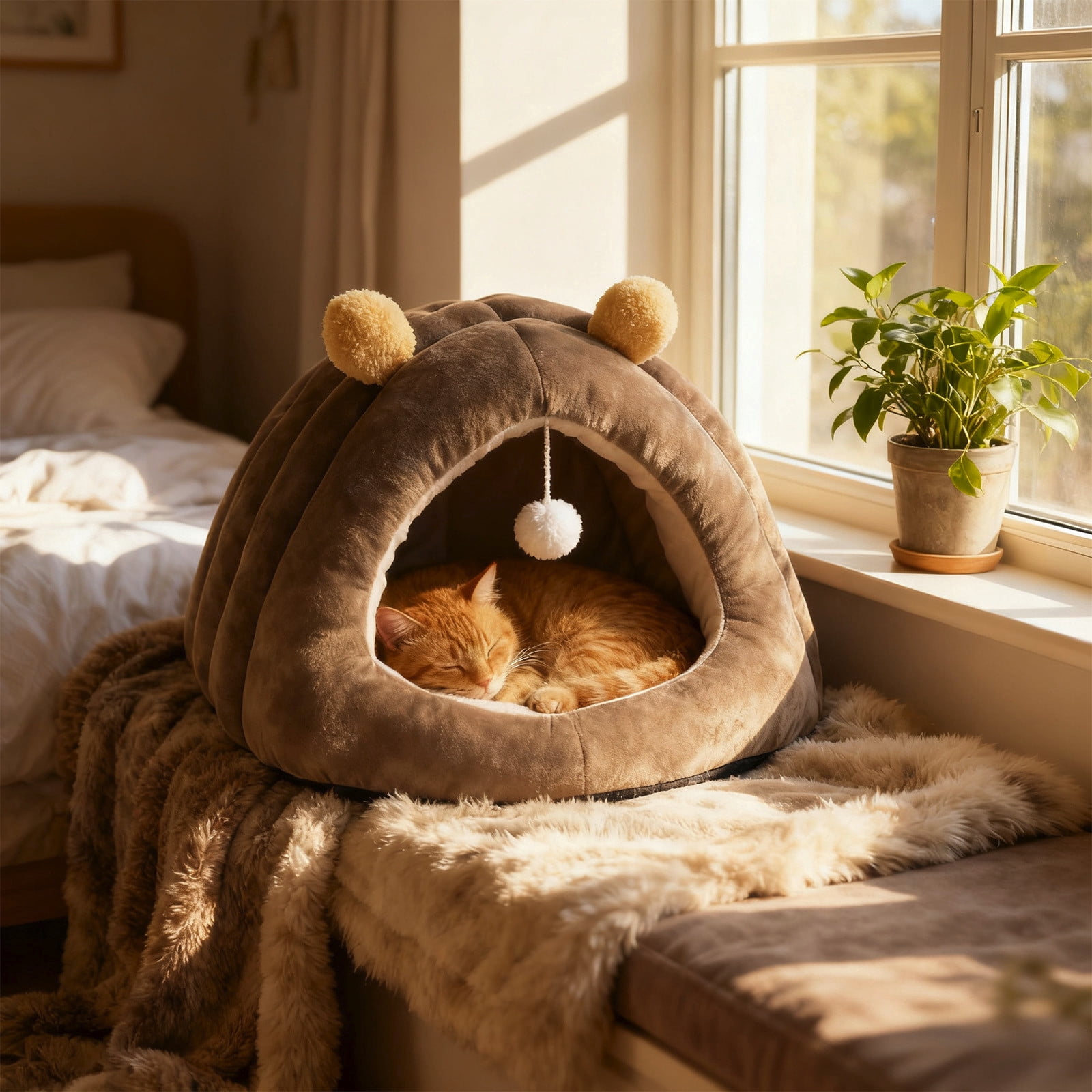 Gray Upgraded Calming Pet Bed - Fluffy Plush Anti-Anxiety Cuddler Bed for Cats & Dogs, Warm Winter Snuggle Bed with Removable Cushion