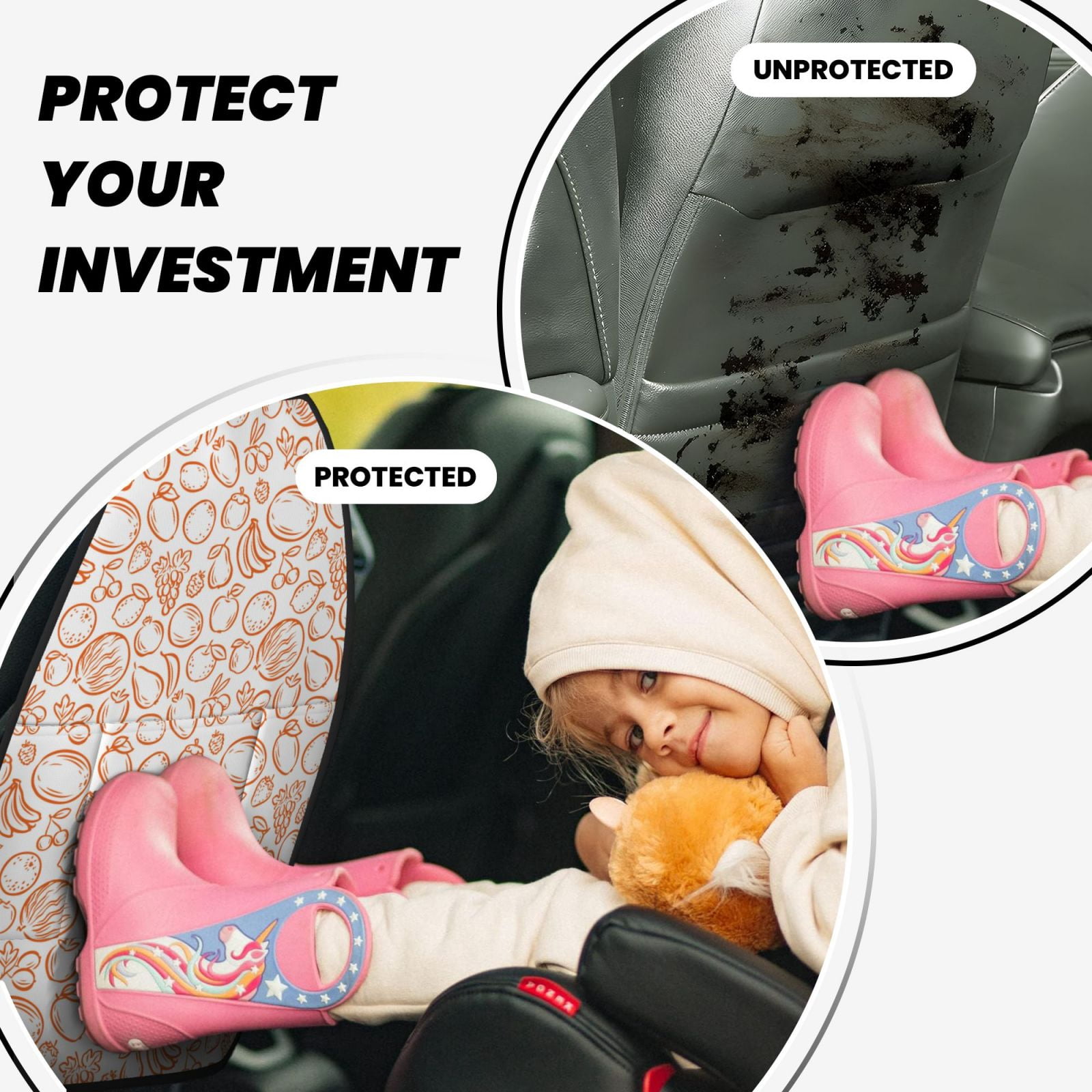 Xecao Simple Fruit Pattern Car Seat Back Protector 2 Pack Large Capacity Pocket, Kick Mats Back Seat Protector
