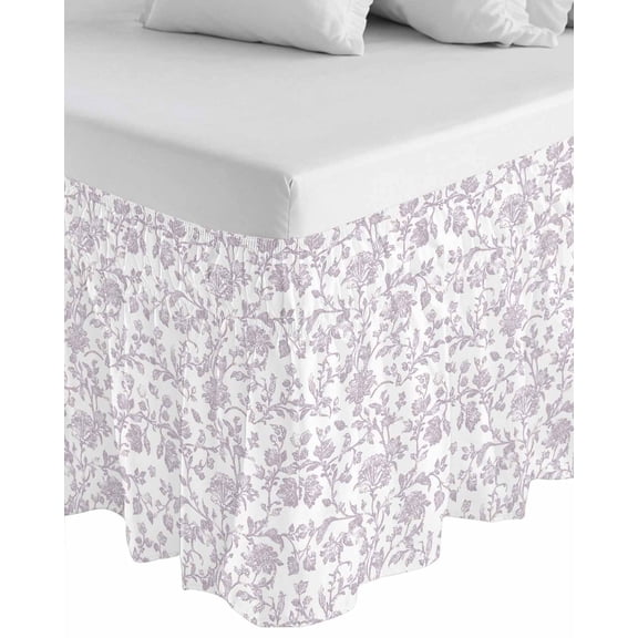 Spring Flower Wrap Around Bed Skirts for California King Bed 16" Drop,Bed Skirt with Adjustable Elastic Belt Dust Ruffle Bed Valance Vintage Farmhouse Light Purple Boho Leaf Bed Frame Cover