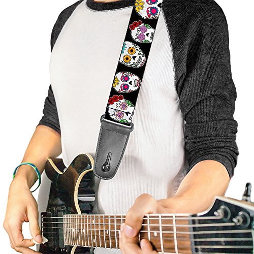 Buckle-Down Guitar Strap, Staggered Sugar Skulls Close Up Black Multi Color, 2 Inches Wide