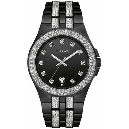 Bulova Mens Crystal Stainless Steel Case and Bracelet Black Dial Black Watch - 98B251