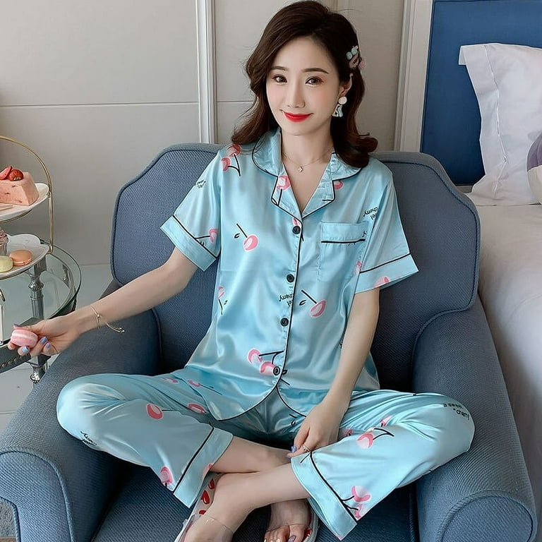 DanceeMangoo Hot Sale Short Sleeve Silk Pajamas Soft Women Summer