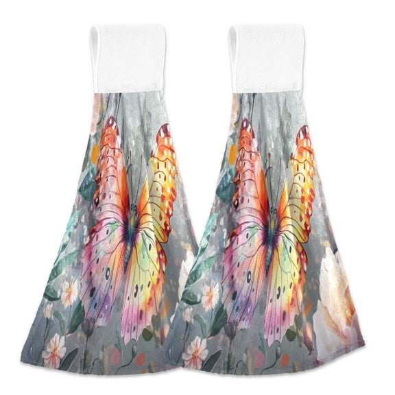BZSMCE Hanging Hand Towels Fashion Colorful Butterfly and Flowers Pattern 2-Pack - Velcro Style Bathroom Kitchen Towels