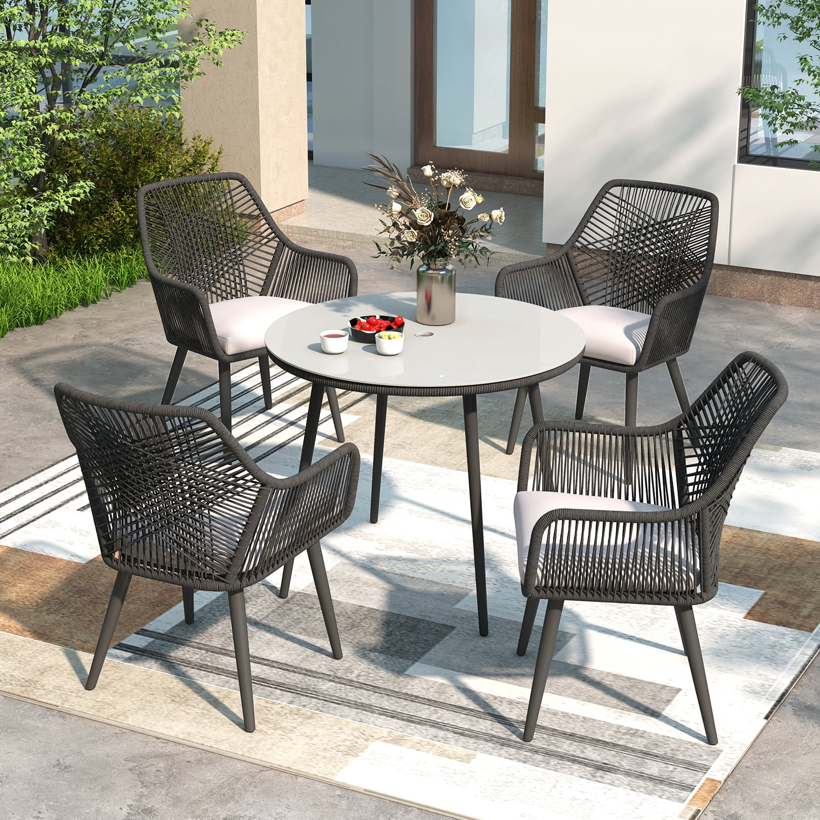 JOIVI 5-Piece Outdoor Patio Dining Set with Rattan Dining Chairs for 4-Person & Tempered Glass Table, 2.16” Umbrella Hole, Black