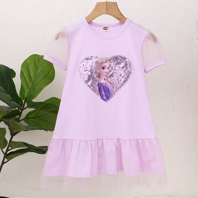 Ropa para niñas, vestido de lentejuelas Frozen Elsa Anna para niños de 4 a 8 años, mangas cortas abullonadas de verano, vestidos de moda de malla de algodón 7T Gao Jinjia LED