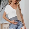 thumbnail image 6 of Wycnly Womens Blouses and Tops Dressy Fashion Loose Fit Knitted Ribbed Plus Size Tshirts 2025 Summer V-Neck Short Sleeve Color Patchwork Casual Blouses Khaki s, 6 of 7