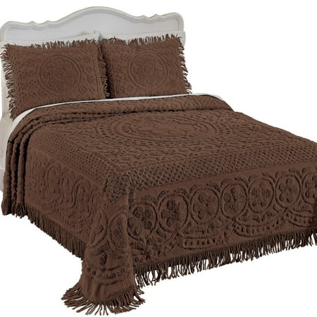 Calista Chenille Lightweight Bedspread with Fringe Border, Twin, Chocolate