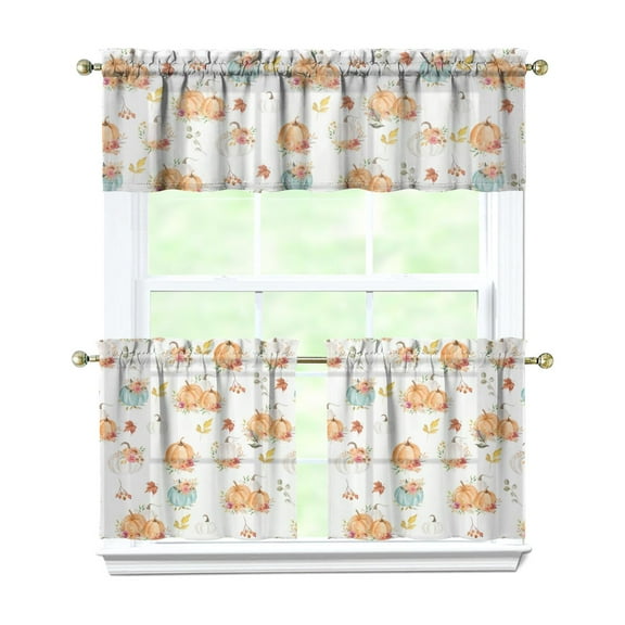 Fall Kitchen Curtains 24 Inch Short - 3 Panel Set, Autumn Harvest Print, Rod Pocket Window Treatment for Thanksgiving, Farmhouse, Cafe, Living Room - Machine Washable