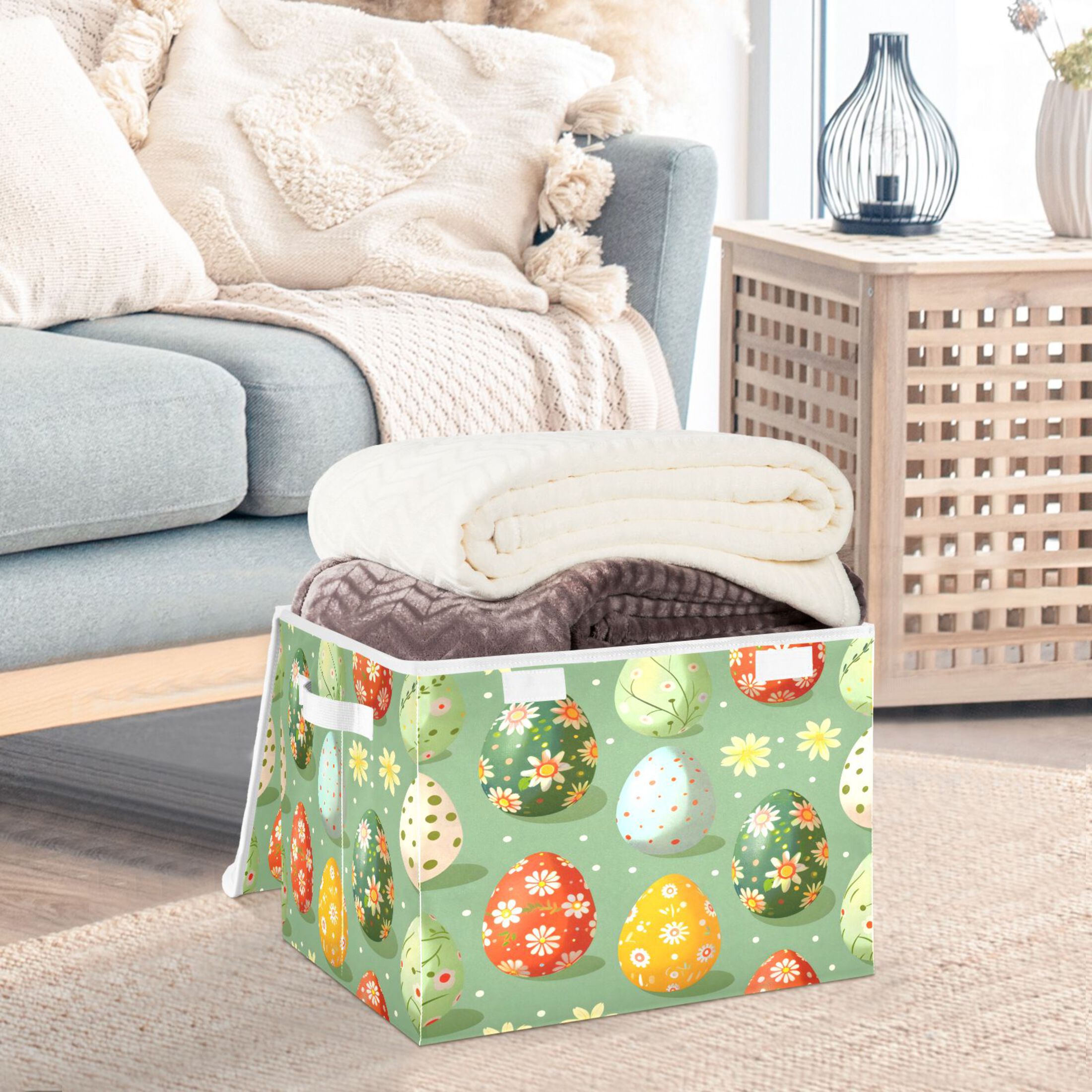 Ryvnso Easter Eggs Floral Large Lidded Foldable Storage Baskets Cubes Boxes Lids Bin for Home