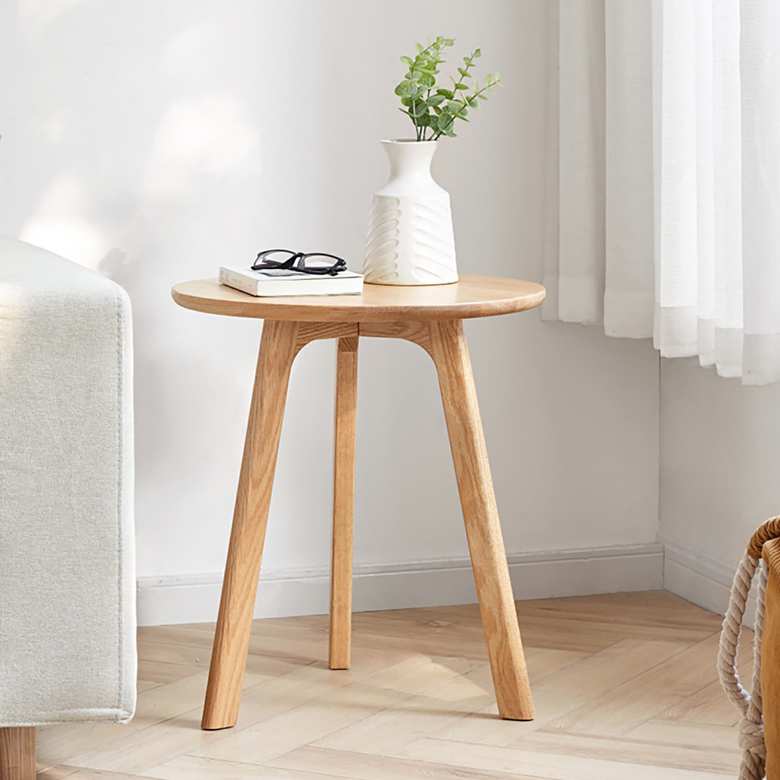 Solid Oak Wood Round Side Table, Minimalist 3-Leg End Table, Multi-Purpose Nightstand Coffee Table Easy to Assemble for Living Room Bedroom Balcony