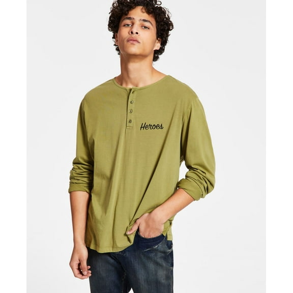 Heroes Motors Men’s Long-Sleeve Graphic Henley, Green, XX-Large