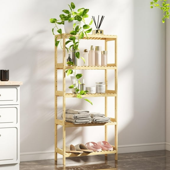 Kinsuite 5-Tier Bamboo Bathroom Shelf - Free Standing Storage Rack, Multifunctional Bamboo Shelving Unit Bathroom Kitchen Living Room Holder, Natural