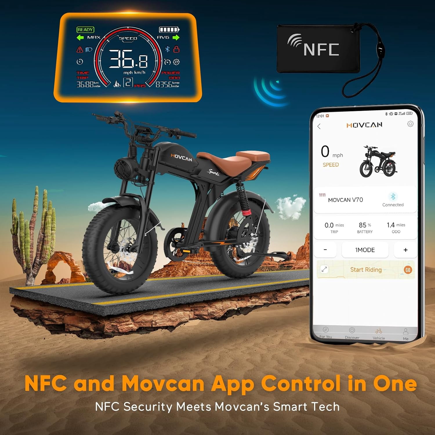 Movcan V70 Electric Bike for Adults, Peak 2500W 35mph 52V 23.4Ah Mountain Ebike,20" Fat Tire Full Suspension UL2849