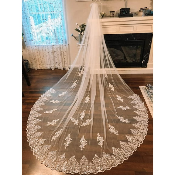 EllieWely 1 Tier Cathedral Length 3.5 M(138 inch) Bling Sequin Lace Wedding Bridal Veil With Metal Comb White