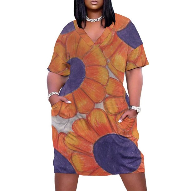 Vestido holgado con bolsillos y flores naranjas y moradas trajes de playa para mujer vestidos de verano para uso diario
