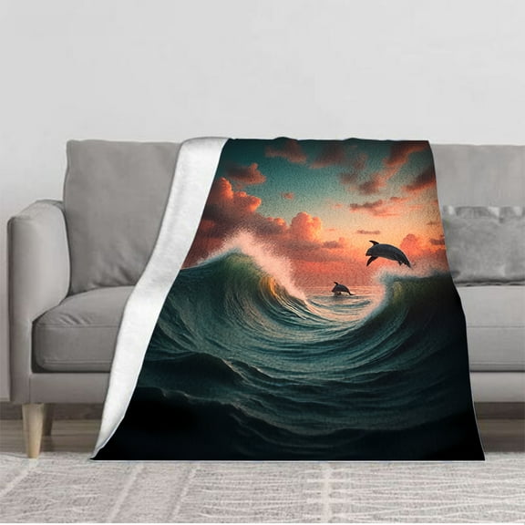 Durable Soft & Warm Flannel Blanket - Cozy Ocean Sunset Design with Dolphins Perfect for Sofa Travel Bed & Chair