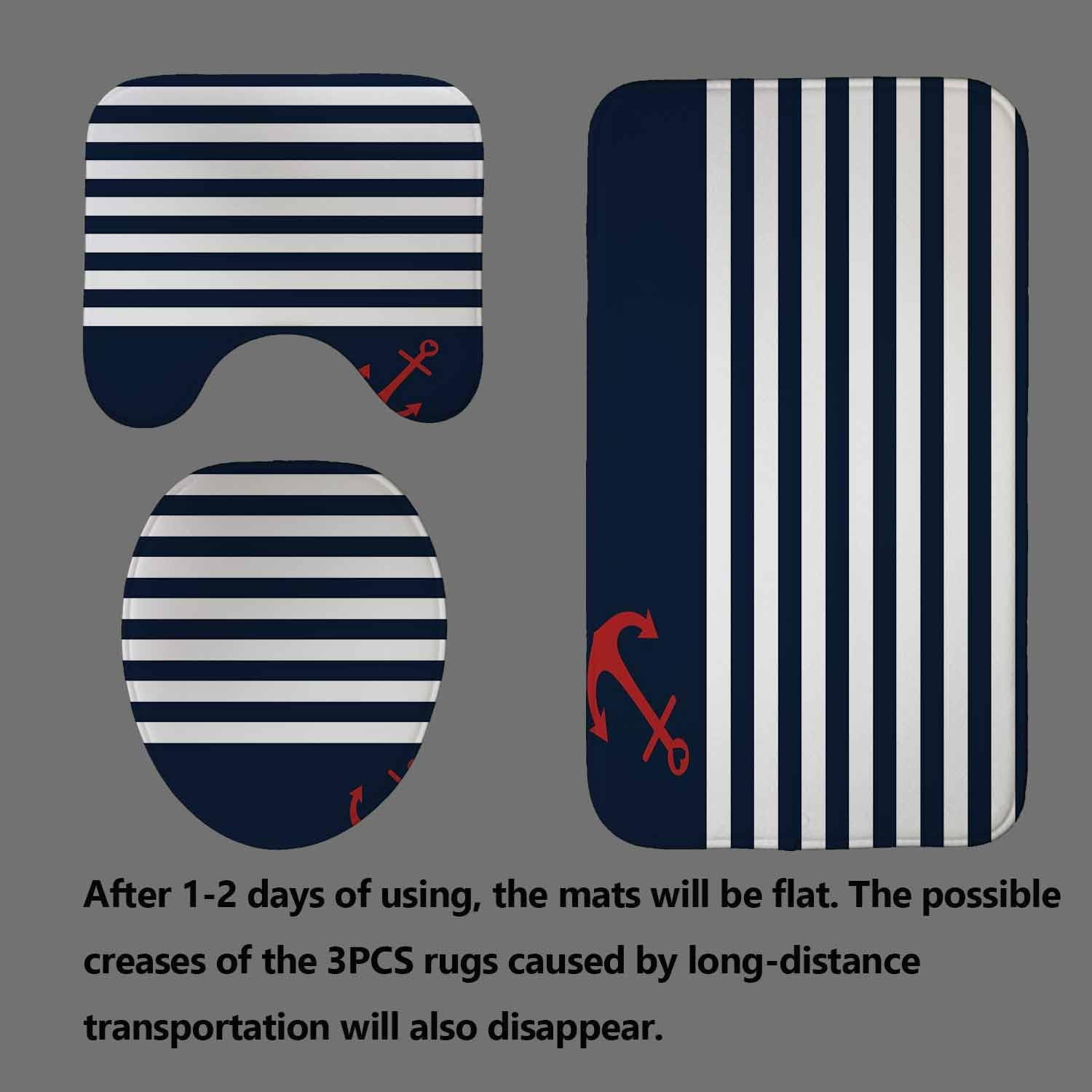 4PCS Red Anchor Nautical Shower Curtain Set, Waterproof Fabric Shower Curtain, Non-Slip Bath Mat Bathroom Rugs White Navy Blue Quatrefoil Stripes Abstract Geometric Ocean Anchor Bathroom Decor