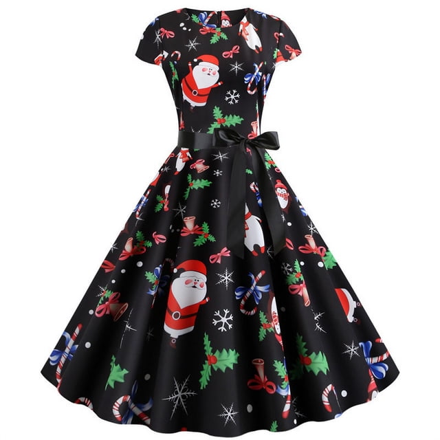 Qertyioot Christmas Robe Imprimée pour Femmes, Mode Hiver Manches Courtes Vintage Décontractée