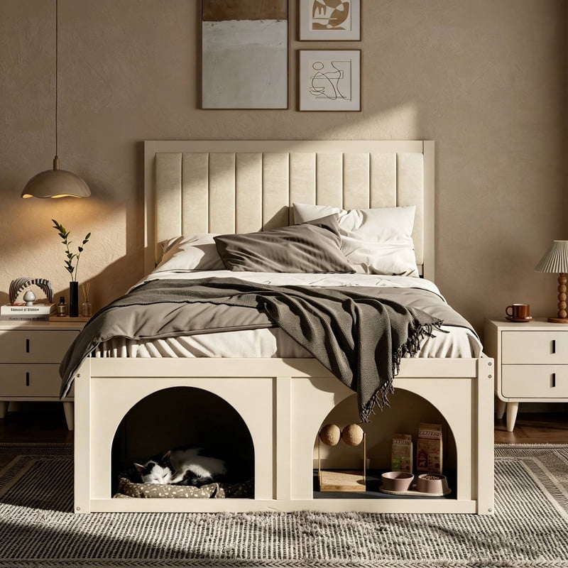 Full Size Pet-Friendly Platform Bed with Under-Bed Pet Nooks, Heavy Duty Wooden Storage Bed Frame with Padded Headboard