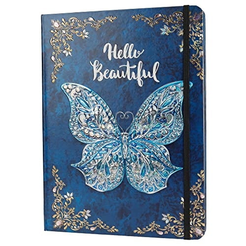 Cuaderno escritura cubierta dura mariposas 3D, B5, cierre elástico, 192 pág. raya, 9 x 6.9 (azul)