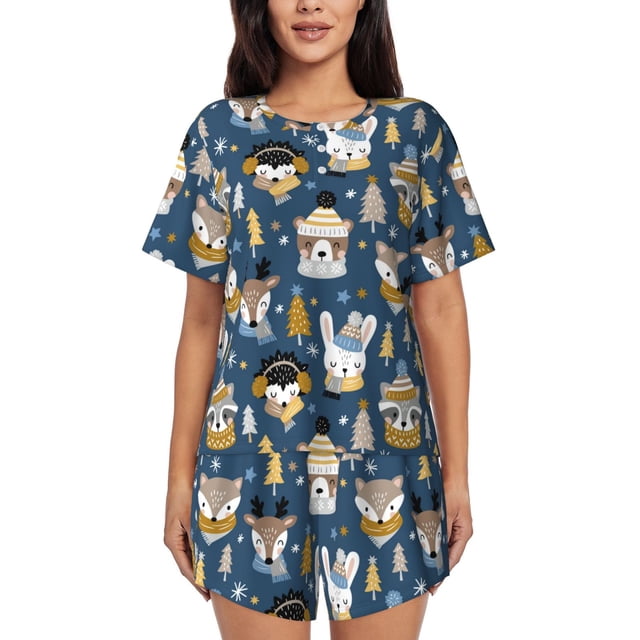 Fotbe Winter Animal Friends Conjunto de Pijama Estampado para Mujer, 2 Piezas, Ropa de Dormir con Camiseta de Manga Corta y Shorts Suaves-Large
